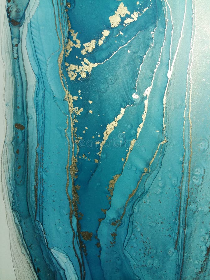 Luxury abstract fluid art painting background alcohol ink technique mint blue and gold. Marble texture