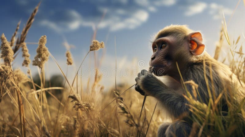 Dreamy Monkey: A Photorealistic Rendering Of A Grazing Primate stock illustration