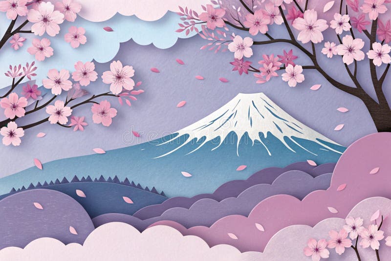Dreamy Paper Art of Mount Fuji och Sakura som skapats av ai. Dreamy Paper Art of Mount Fuji and Sakura