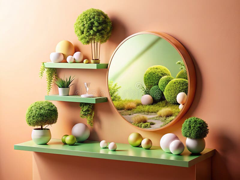 Dreamy Pastel Shelf zeigt Schwimmobjekte Mossy Stones und warme Reflektionen Ein atemberaubendes Innendesign Inspiration vektor abbildung