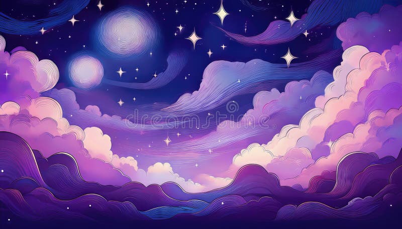 Dreamy Purple Space Night Sky Pictura Captivant vârtej nori și stele radiante într-un Cosmos profund de vis vector illustration