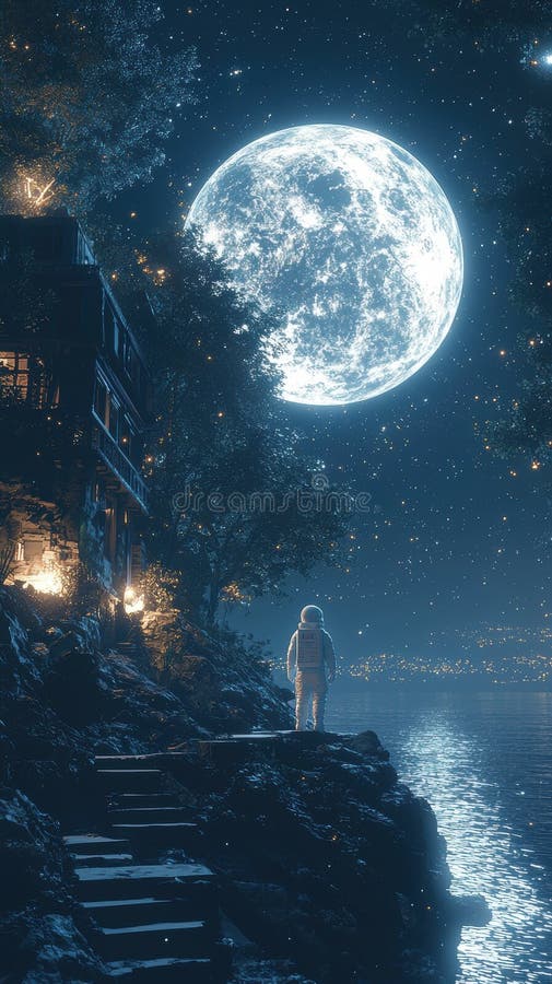 Astronaut standing by a moonlit lake with a glowing night sky stock images