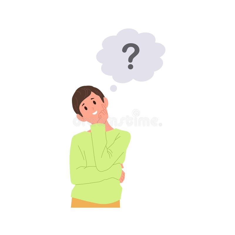 Dreamy smiling boy child cartoon character with question mark thinking touching chin with finger stock illustration