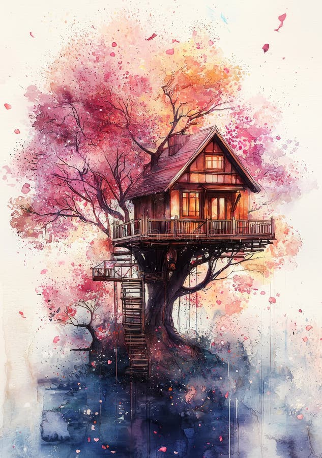 Dreamy treehouse hidden in a watercolor forest, floating petals and soft textures stock photos