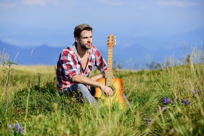 Dreamy wanderer. Wanderlust concept. Summer vacation highlands nature. Pleasant time alone. Peaceful mood. Guy with royalty free stock images Dreamy wanderer. Wanderlust concept. Summer vacation highlands nature. Pleasant time alone. Peaceful mood. Guy with royalty free stock images