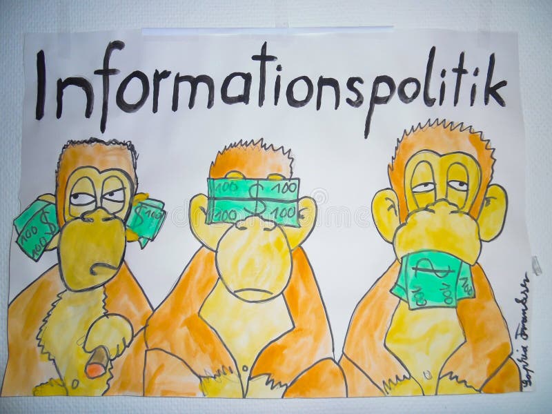 Three monkeys "see nothing, hear nothing, say nothing" with banknotes. The german headline "Informationspolitik" translates to "information policy". Bills in ears, mouth and over the eyes. Monkeymoney. Three monkeys "see nothing, hear nothing, say nothing" with banknotes. The german headline "Informationspolitik" translates to "information policy". Bills in ears, mouth and over the eyes. Monkeymoney