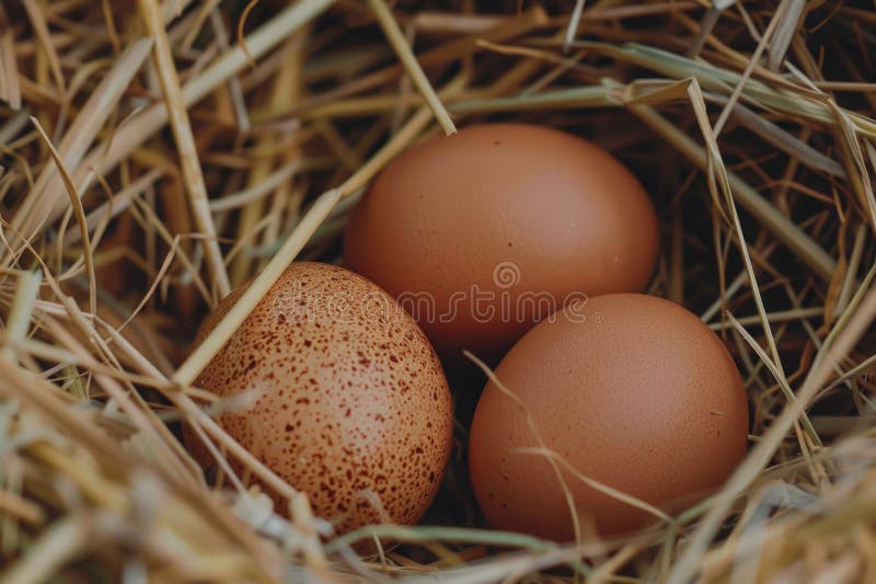 Drei braune Eier in einem Heunest. geeignet für landwirtschaftliche oder landwirtschaftliche Konzepte stockfoto
