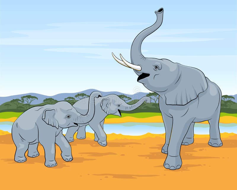 Drei Elefanten Die Familie von Elefanten geht in Savanne Großer Elefant mit zwei kleinen Elefanten lizenzfreie abbildung Drei Elefanten Die Familie von Elefanten geht in Savanne Großer Elefant mit zwei kleinen Elefanten lizenzfreie abbildung