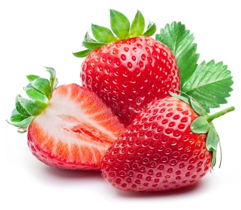 Drei Erdbeeren mit Erdbeerblatt auf weißem Hintergrund. stockbild