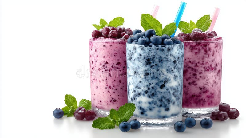 Drei erfrischende Blueberry Smoothies lizenzfreie abbildung