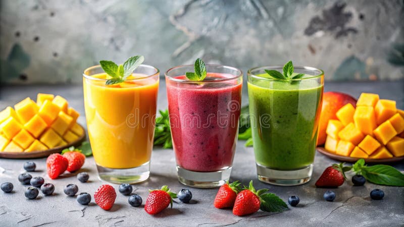 Drei erfrischende Fruchtgläser mit frischen Beeren und Mangowürfeln. Generative AI stock abbildung