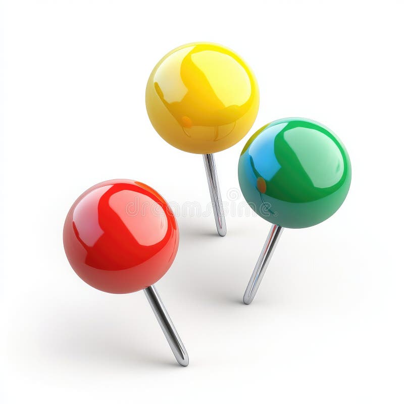 Drei farbenfrohe, glänzende Push Pins auf weißem Hintergrund. Drei kräftige Stifte rot-grün fügen Farbton vor einem sauberen weißen Hintergrund hinzu. Diese glänzenden Pins sind ideal, um Präsentations-Websites oder Projekten, die ein einfaches, aber dennoch auffälliges Element benötigen, einen Hauch von spielerischem Design hinzuzufügen.