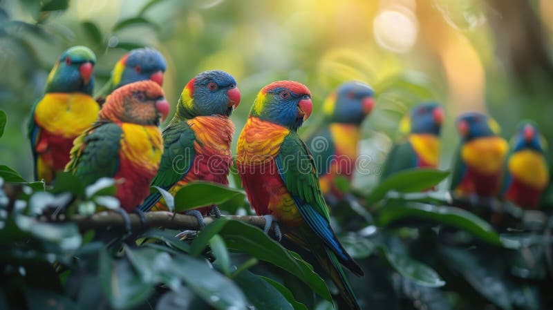 Drei farbenfrohe Vögel auf einem Baumzweig. Drei lebendige Vögel mit abwechslungsreichem Absturz stehen dicht zusammen auf einem Baumzweig, der ihre bunten Federn zeigt. generierte ai ai generative