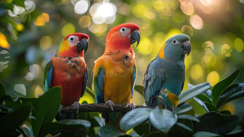 Drei farbenfrohe Vögel auf einem Baumzweig lizenzfreie stockfotografie