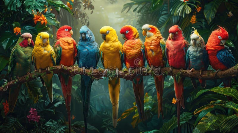 Drei farbenfrohe Vögel auf einem Baumzweig stockbild