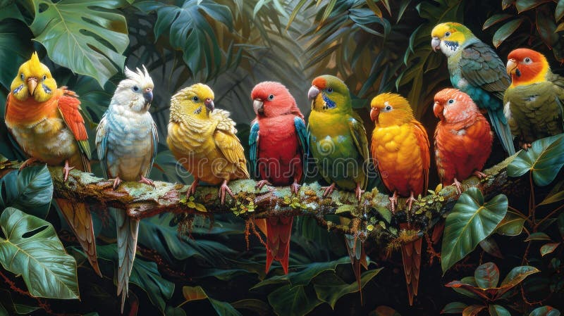 Drei farbenfrohe Vögel auf einem Baumzweig lizenzfreie stockfotografie