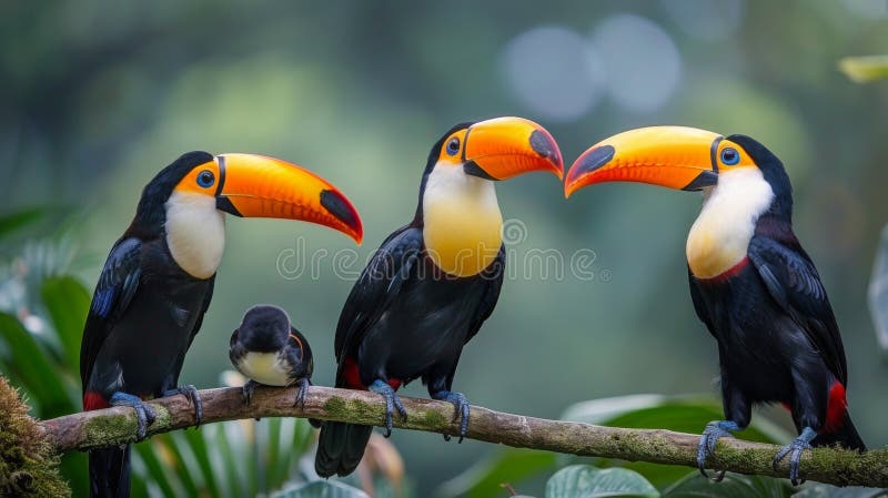Drei farbenfrohe Vögel auf einem Waldzweig stockfotos