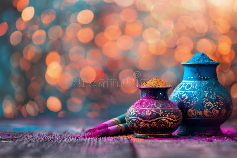 Drei farbige Holi-Töpfe auf Tisch mit beigem Hintergrund lizenzfreie stockbilder