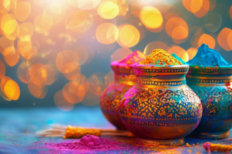 Drei farbige Holi-Töpfe auf Tisch mit beigem Hintergrund stockbilder