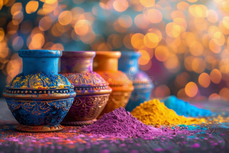 Drei farbige Holi-Töpfe auf Tisch mit beigem Hintergrund lizenzfreie stockfotografie