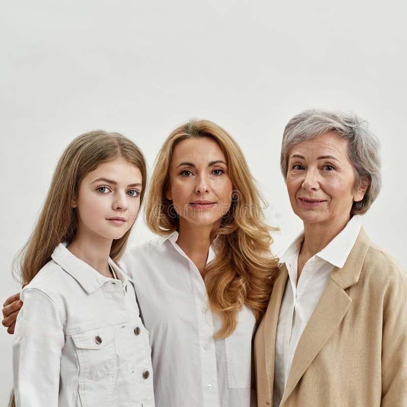 Drei Generationen umarmen und sehen sich die Kamera an stockfotografie