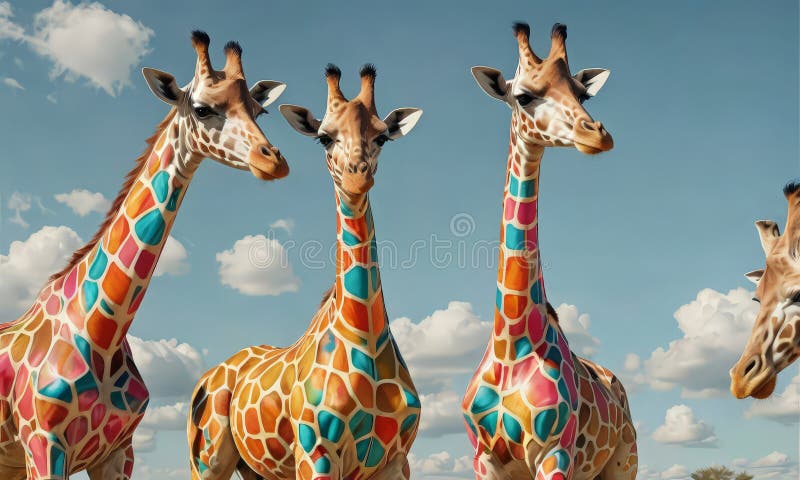 Drei Giraffen mit lebhaften Mustern stehen in Linie gegen den klaren blauen Himmel, einer etwas voraus den anderen. vektor abbildung
