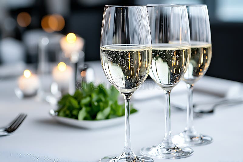 Drei Gläser mit frischen Weißweinen auf elegante Tischanordnung lizenzfreie stockfotos