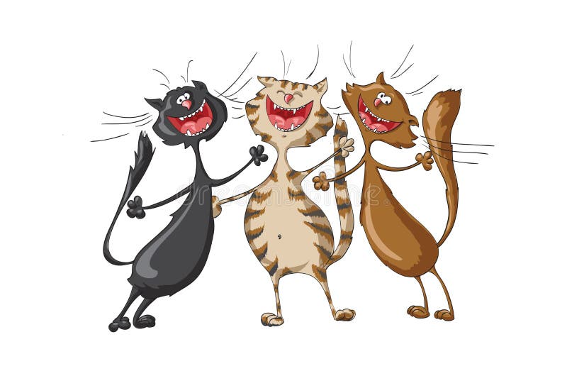 Drei glückliche Katzen, die fröhliches Lied auf lokalisiertem weißem Hintergrund singen