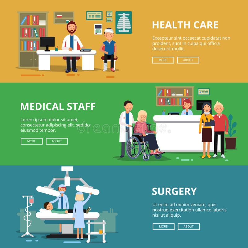 Drei horizontale Vektorfahnen von Gesundheitswesenkonzeptbildern Medizinische Räume und Büros im Krankenhaus Patienten und stock abbildung Drei horizontale Vektorfahnen von Gesundheitswesenkonzeptbildern Medizinische Räume und Büros im Krankenhaus Patienten und stock abbildung