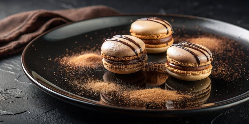 Drei köstliche chocolateglasierte Makaronen mit Kakaopulver auf einer dunklen Platte. Generative AI vektor abbildung