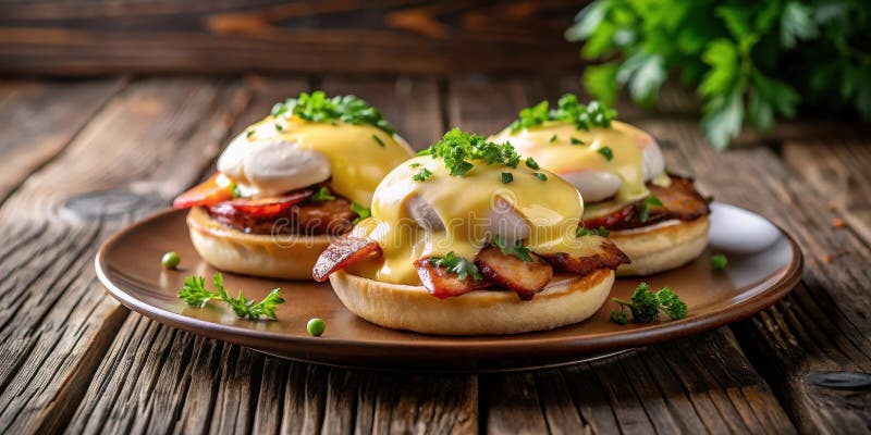Drei köstliche Eier schmecken auf gerösteten Brötchen mit knusprigem Speck und Hollandaise-Sauce. Generative AI vektor abbildung