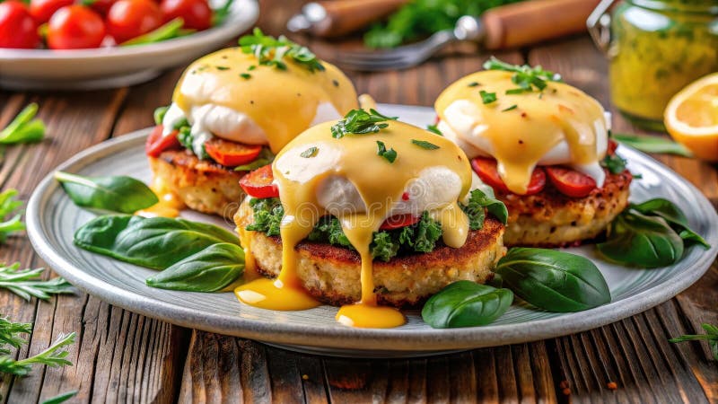 Drei köstliche Eier schmecken mit Hollandaise-Sauce auf gerösteten Kuchen, die mit grünen Blättern und Kirschtomaten auf rustikale vektor abbildung