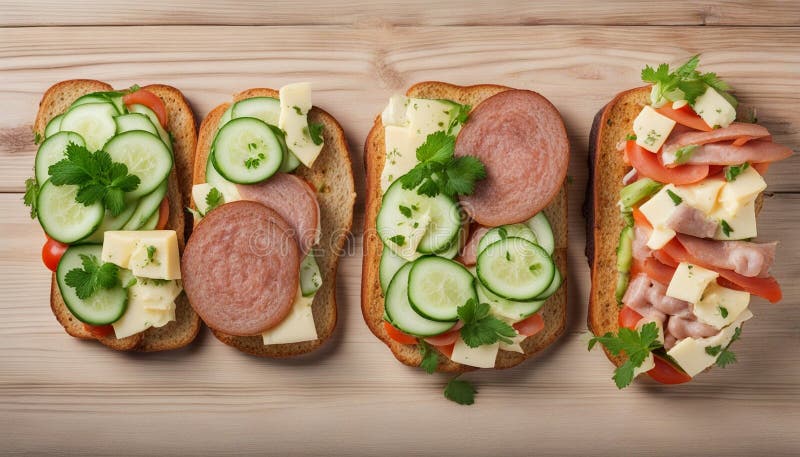 Drei offene Sandwiches mit Brötchenwurst Pomodory Cumber. Drei offene Sandwiches mit Brötchenwurst Ai generatodory cucumber