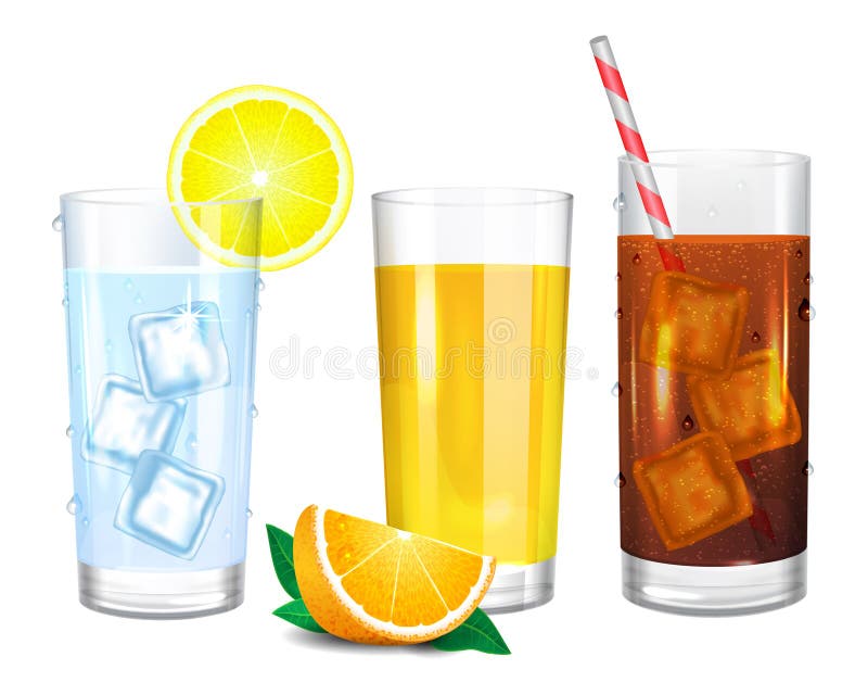 Drei realistische Gläser Getränke Kolabaum, Wasser und Orangensaft stock abbildung Drei realistische Gläser Getränke Kolabaum, Wasser und Orangensaft stock abbildung