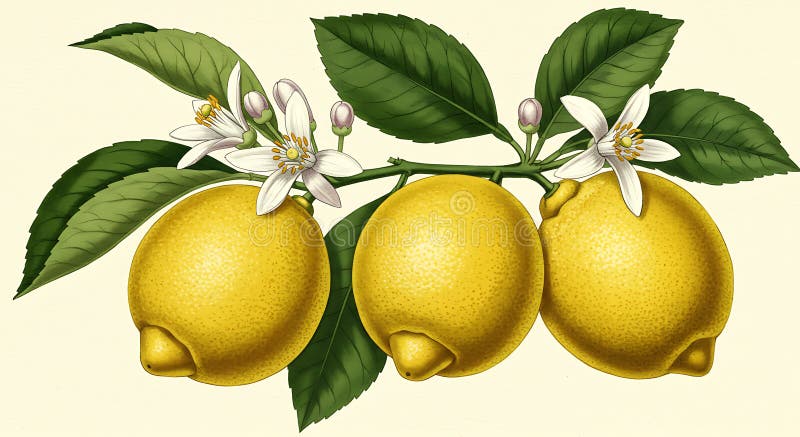 Drei reife Zitronen Citrus Limon sind an einem grünen Zweig befestigt. Die Zitronen sind vektor abbildung