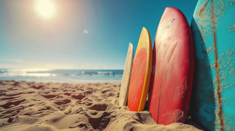 Drei Surfbretter an einer Strandwand lizenzfreie stockfotos