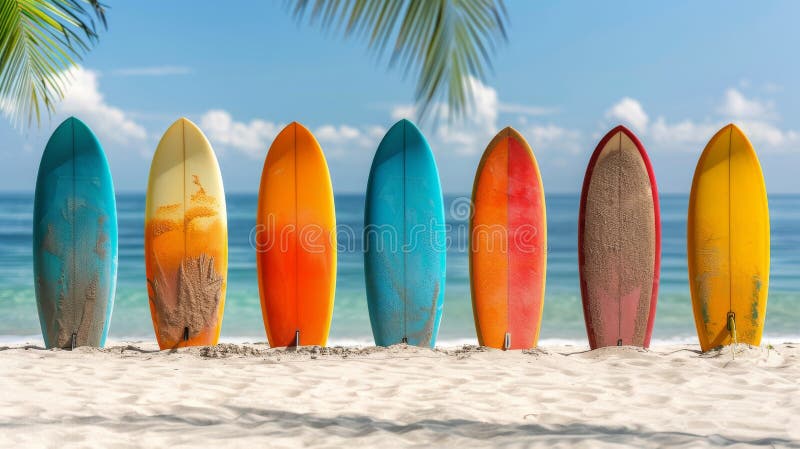 Drei Surfbretter an einer Strandwand stockbilder