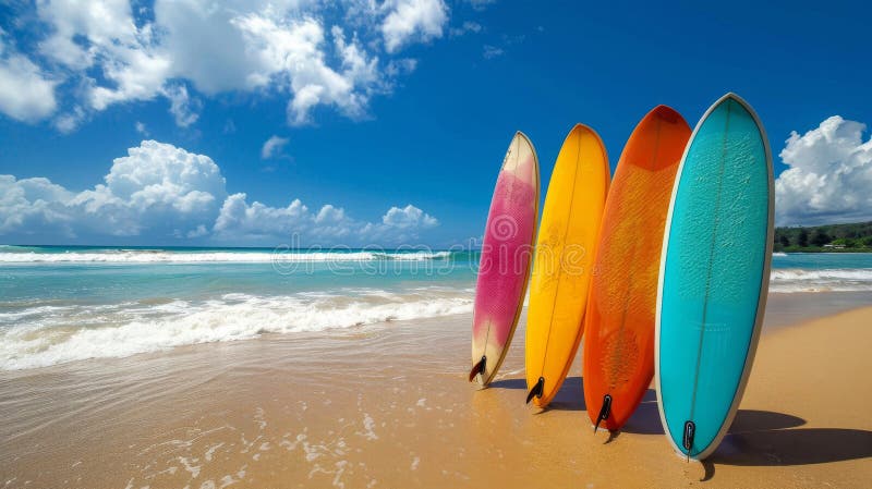 Drei Surfbretter an einer Strandwand lizenzfreie stockfotos