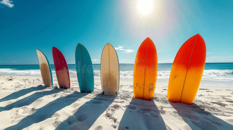 Drei Surfbretter an einer Strandwand lizenzfreies stockbild