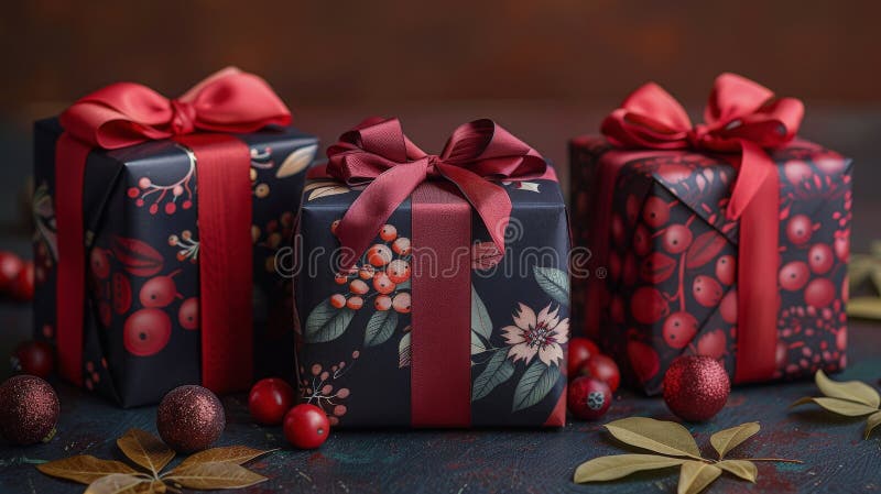 Drei umhüllte Geschenke auf Tisch stockbilder