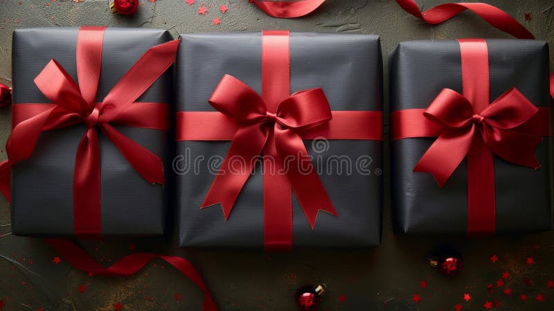 Drei umhüllte Geschenke auf Tisch stockfotografie