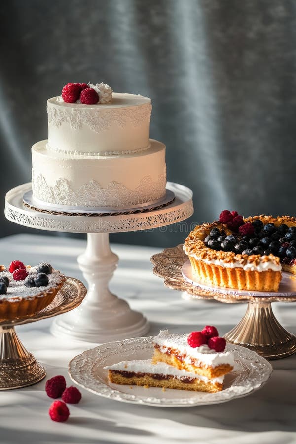Drei verschiedene Kuchen auf einem Tisch, perfekt für eine Bäckerei oder Präsentation lizenzfreie stockfotos