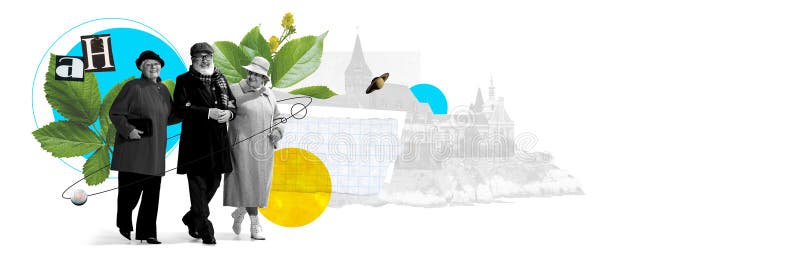 Drei ältere Freunde, die in stilvollen Mänteln und Hüten draußen spazieren, umgeben von lebhaften abstrakten Formen und Blumen lizenzfreies stockbild