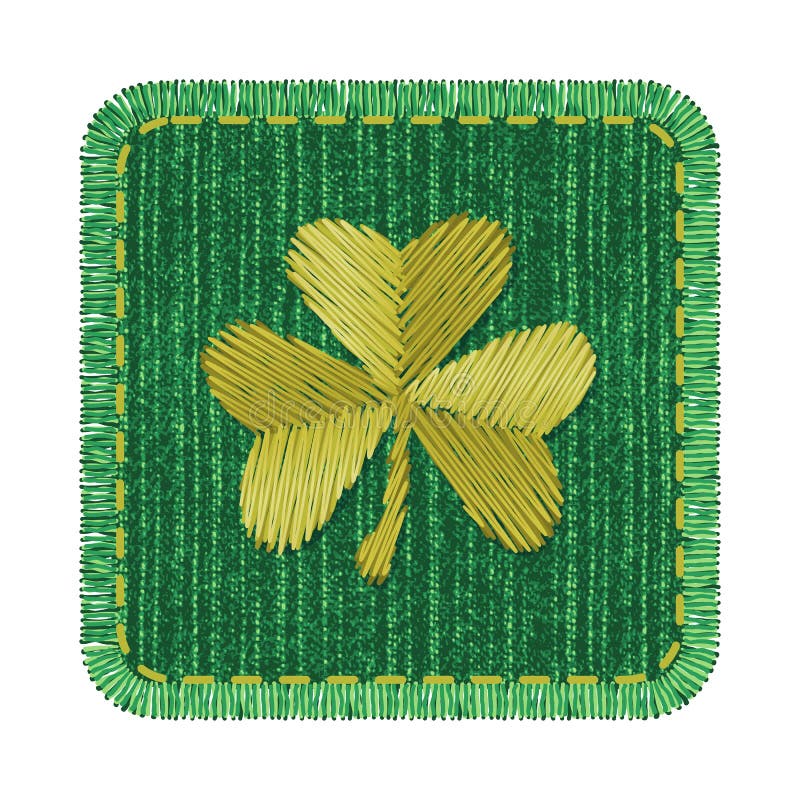 Green rectangle denim patch with golden shamrock embroidery, stitch and fringe. Square jeans fabric with Irish symbol of Saint Patricks Day. Green rectangle denim patch with golden shamrock embroidery, stitch and fringe. Square jeans fabric with Irish symbol of Saint Patricks Day.