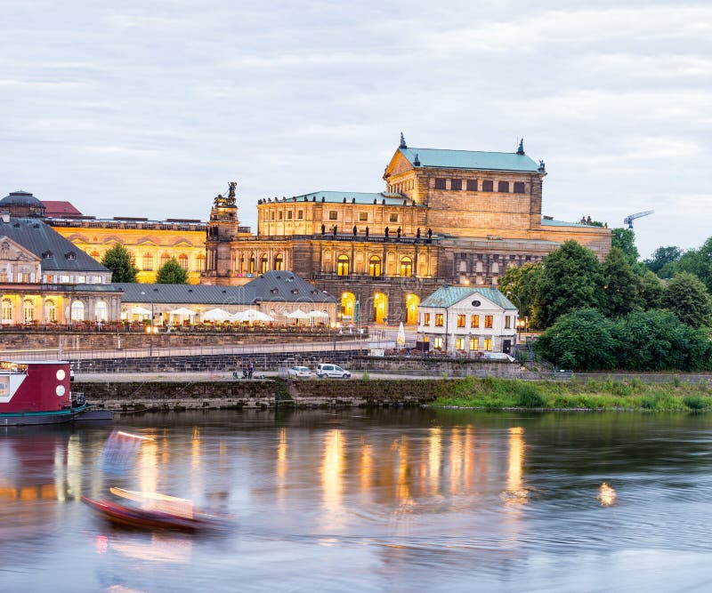 Dresden Night Landscape with Medieval Architecture and Elbe Rive Stock