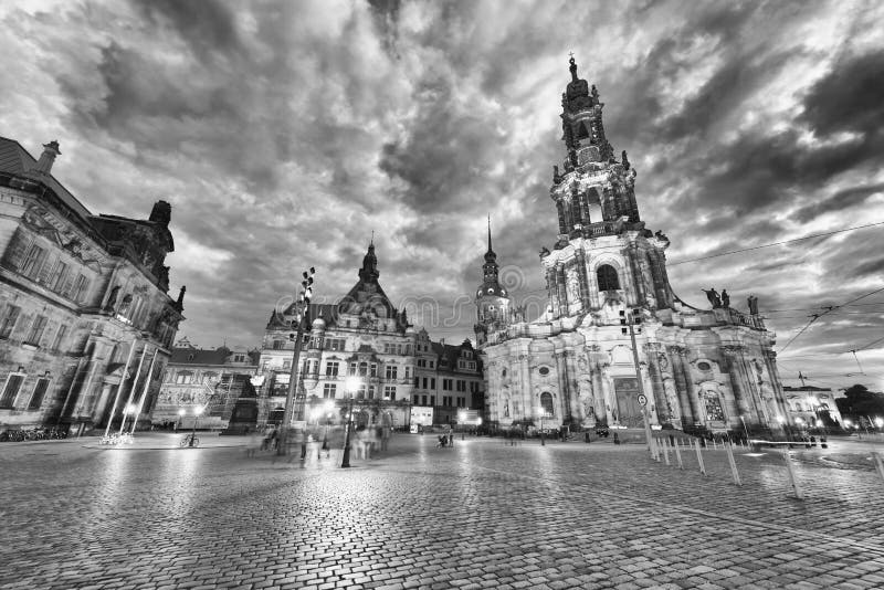 Dresden sunset skyline with ancient city buildings stock photo