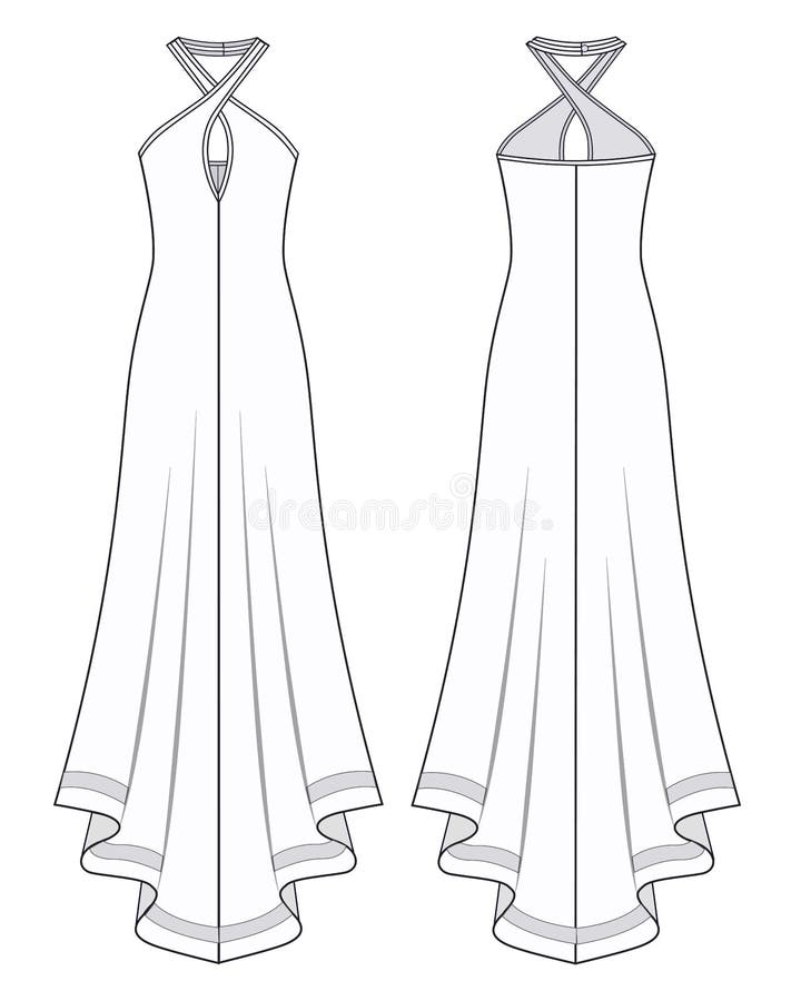 Dress Fashion Flat Sketch Template. Long Maxi Dress Front and Back View Dress Fashion Flat Sketch Template. Long Maxi Dress Front and Back View