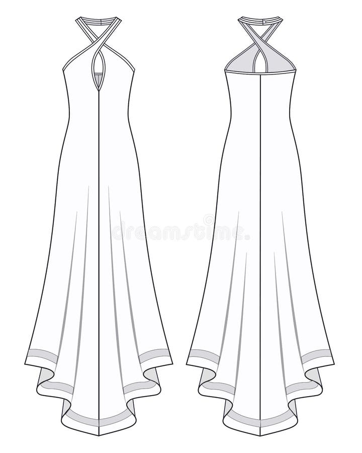 Dress Fashion Flat Sketch Template. Long Maxi Dress Front and Back View ...