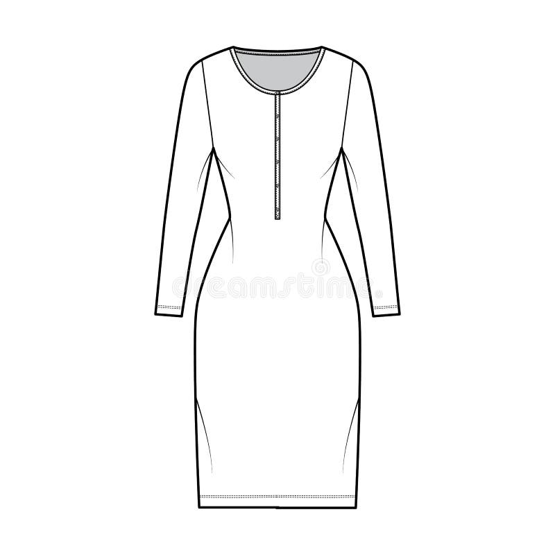 Dress Henley Collar Technical Fashion Illustration with Long Sleeves ...