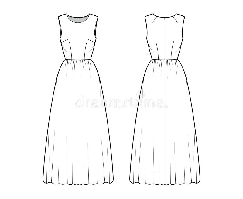 Dress Long Technical Fashion Illustration with Sleeveless, Fitted Body ...